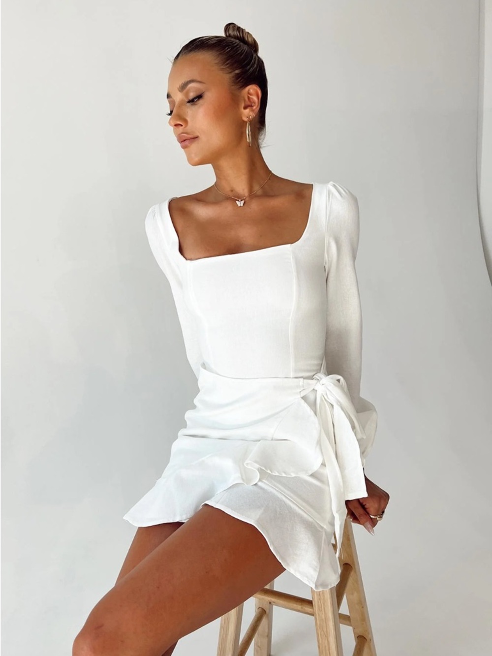 The Villa Long Sleeve Mini Dress White